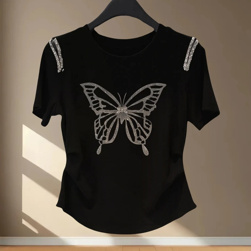 新款镶钻T恤女款捏褶蝴蝶露肩气质设计感服装显瘦体恤夏季短袖