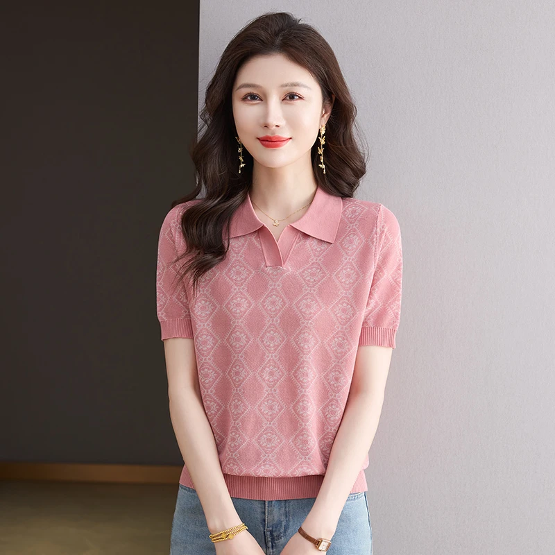 夏季新款polo翻领气质妈妈短袖女宽松大码T恤休闲百搭洋气上衣