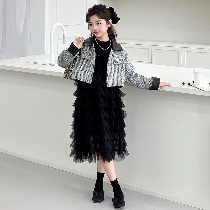 女童套装裙2025春秋新款中大童小香风外套洋气女孩蛋糕裙两件套潮