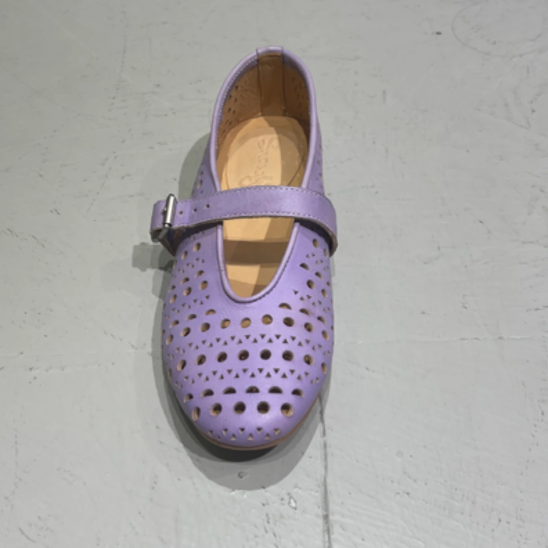 Snowly雪米莉 牛皮玛丽珍一字扣镂空紫色休闲鞋女小众设计感透气