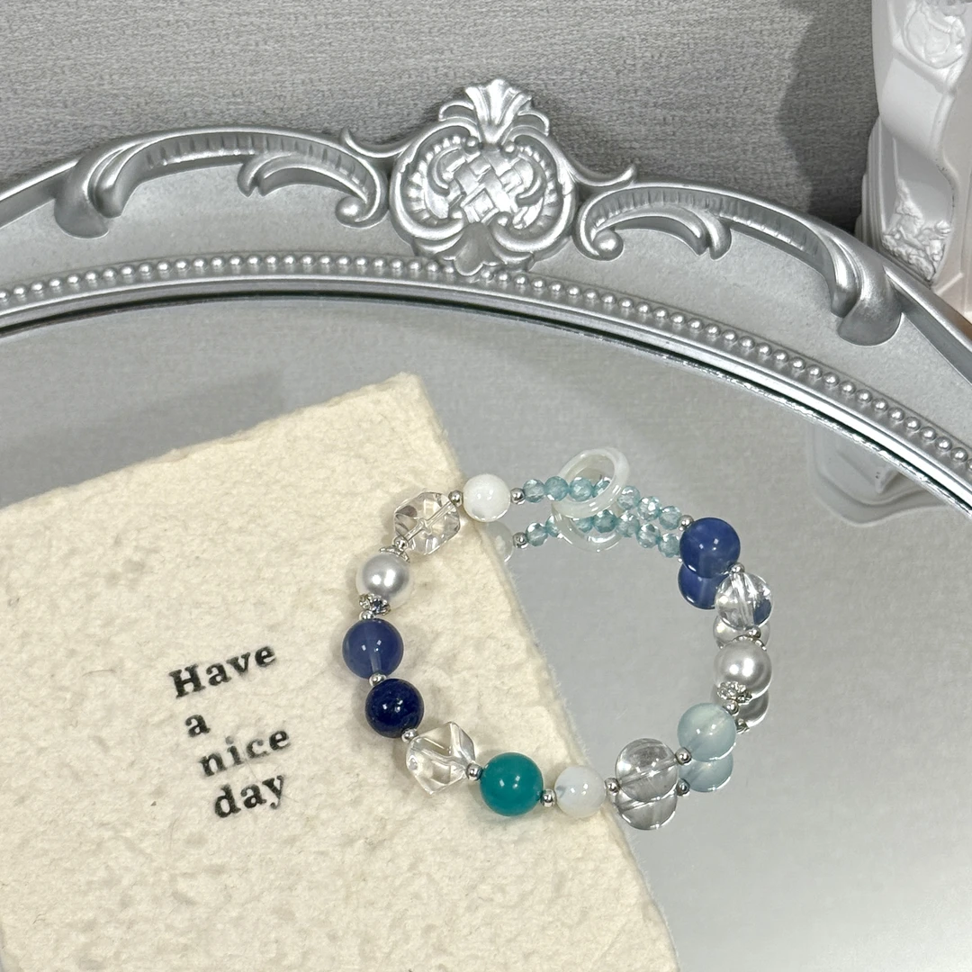 《冰淳》白水晶海蓝宝青金石设计款手串