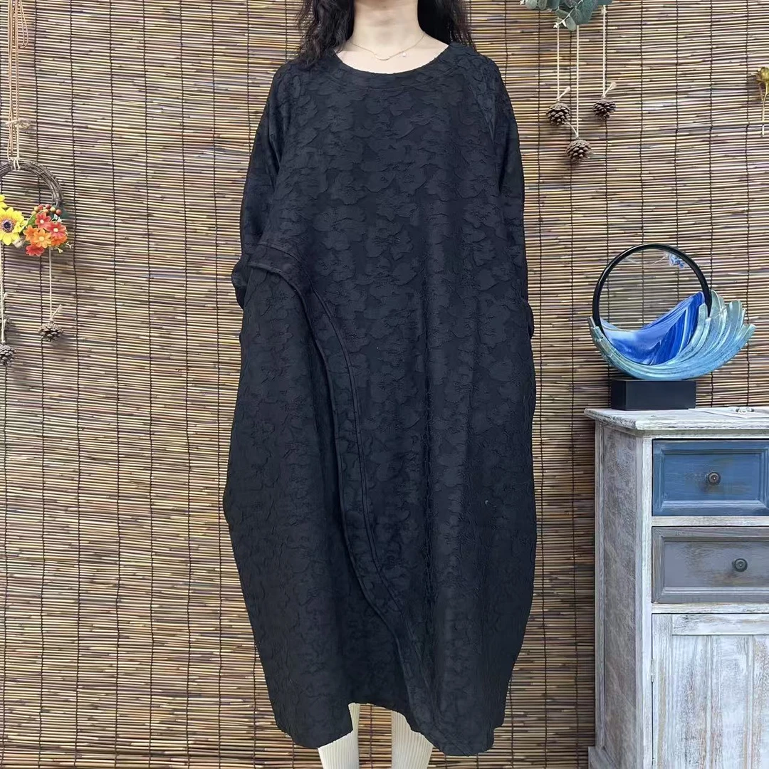 6366--6369新款优雅显瘦圆领不会则拼接长袖连衣裙时尚文艺