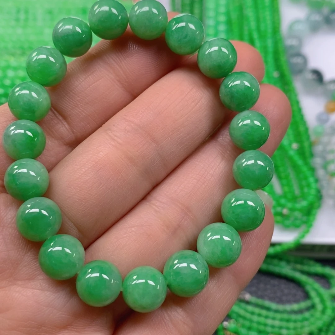 翡翠颈饰未镶嵌阳绿圆珠塔链9.5，10.2m' m