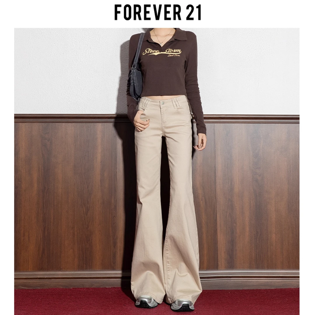 Forever 21卡其色低腰微喇叭裤女2025秋冬新款修身显瘦百搭牛仔裤
