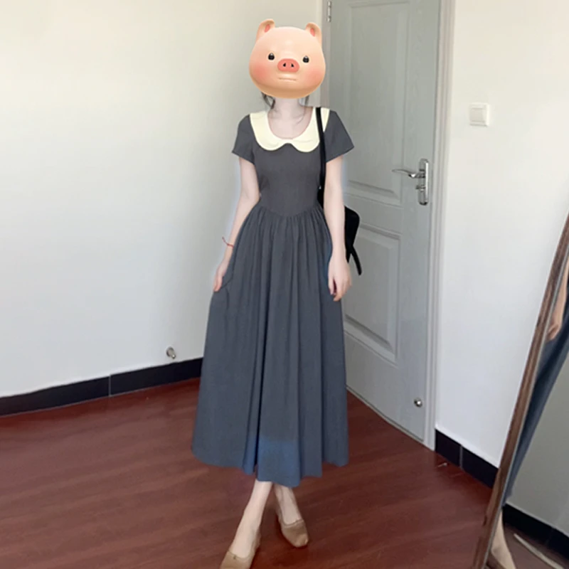 【现货+运补】撞色娃娃领短袖2025新款高级感收腰显瘦长裙3793