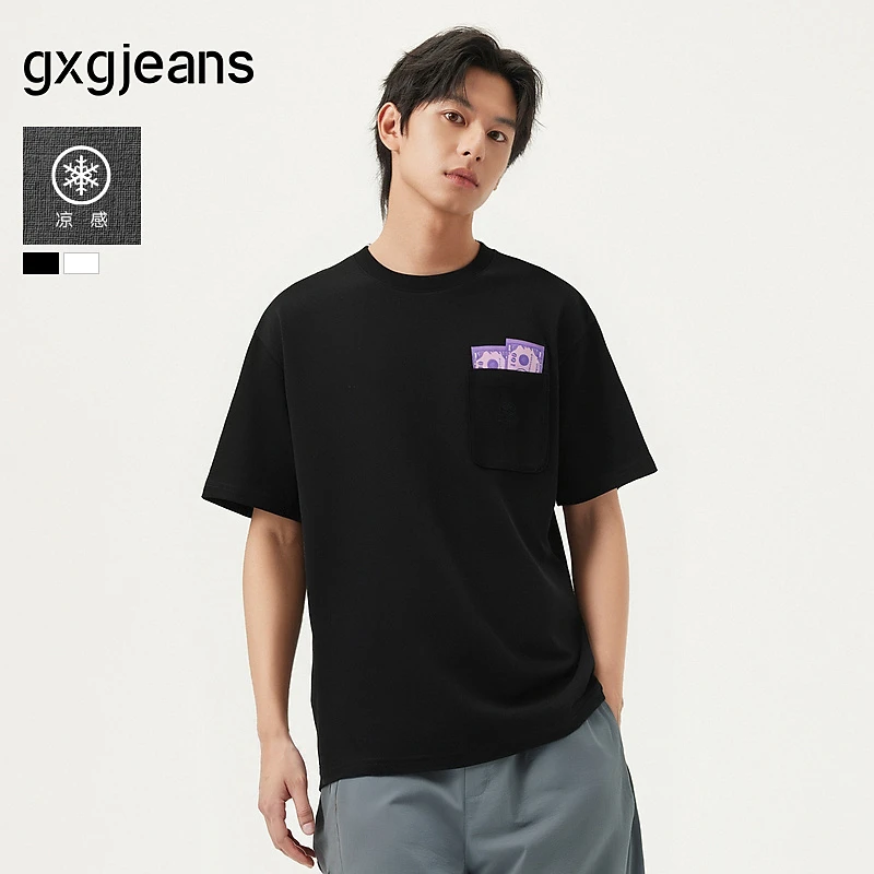 gxg.jeans男装  多色胸袋趣味印花潮流宽松短袖t恤男 25夏新品