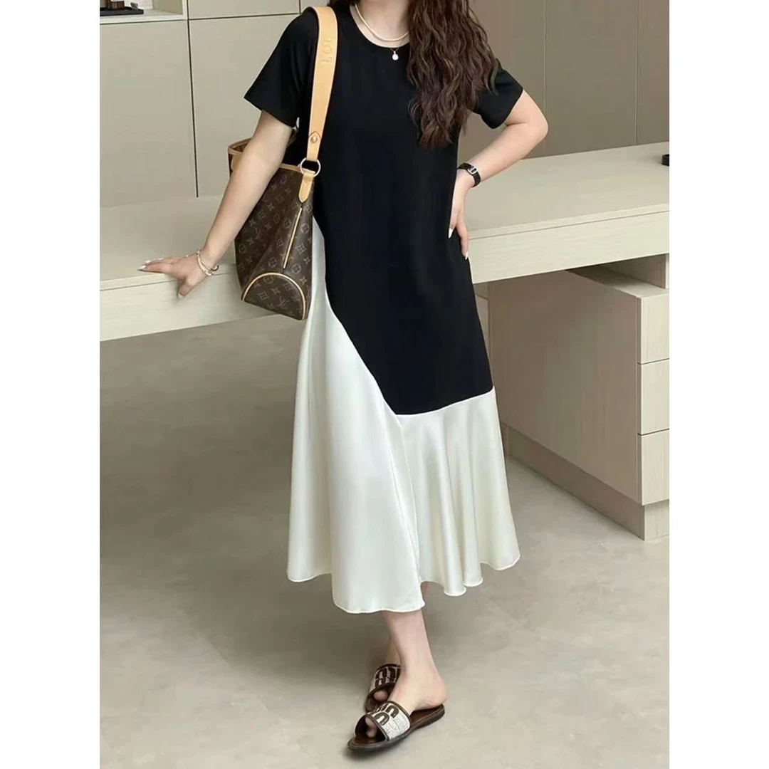 小个子韩系拼接撞色短袖显瘦宽松黑色T恤连衣裙9093#A