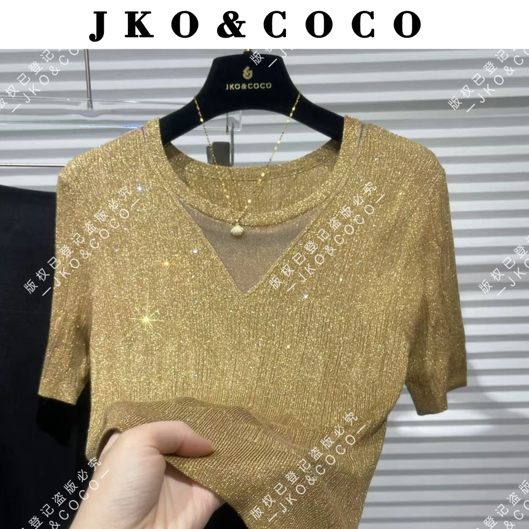 JKO&COCO【流光V影】意大利水晶纱夏季薄款时尚百搭 针织衫 短袖