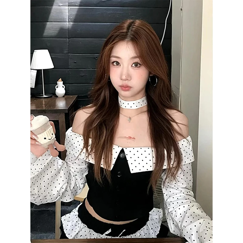 2025早秋韩系松弛感穿搭一整套女波点抹胸上衣黑色阔腿裤两件套装