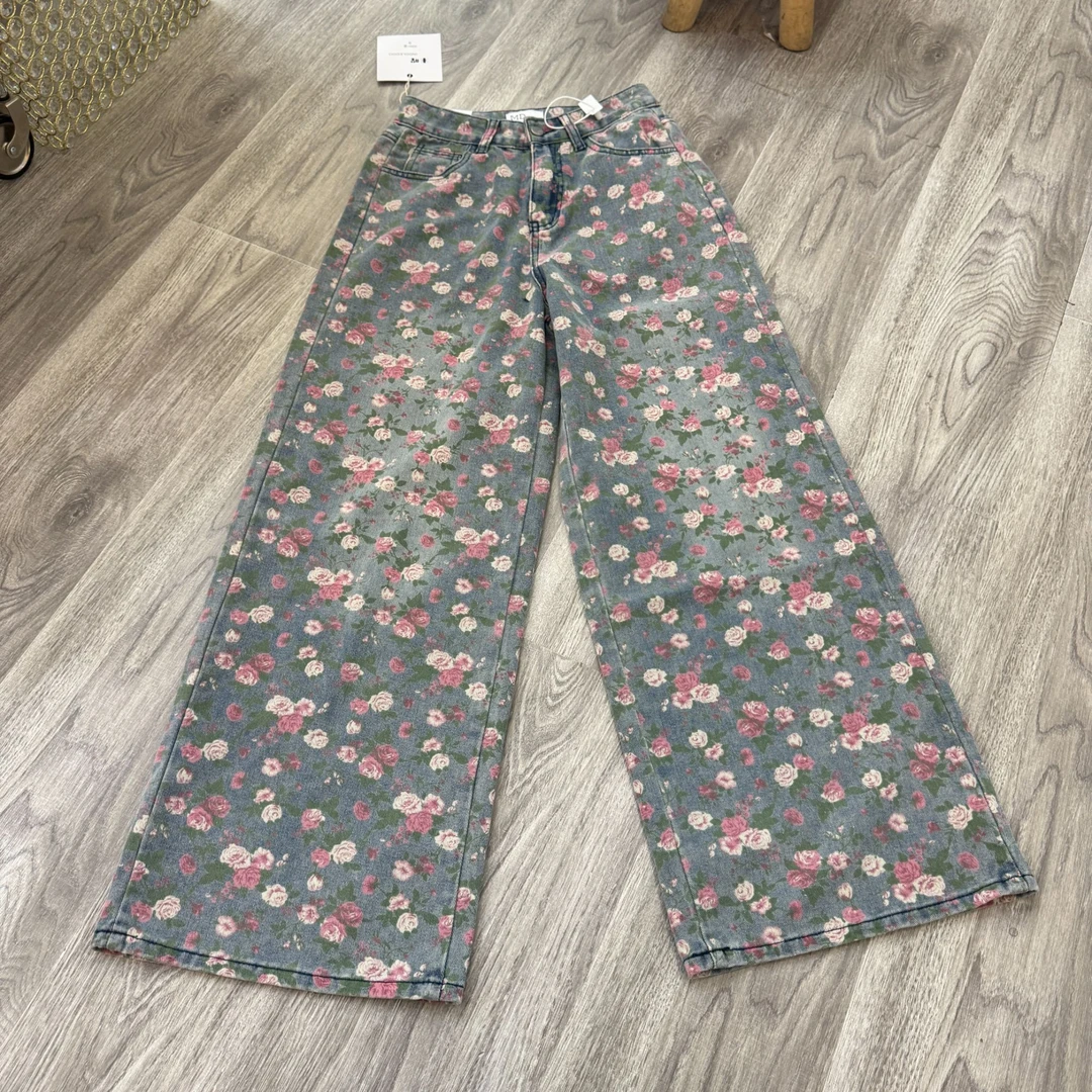 [no退no换]【玫瑰恋曲】复古碎花宽松阔腿印花牛仔裤3961