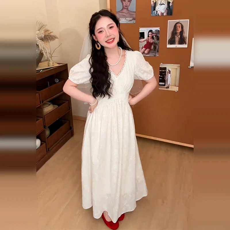 3496法式气质V领蕾丝花边连衣裙子女2025新款夏季高级感独特长裙