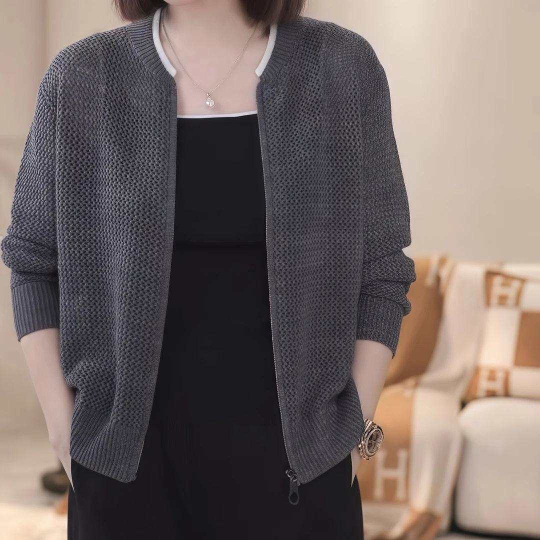 时髦上档次针织上衣2025春季镂空拉链开衫外套洋气高级感短款毛衣