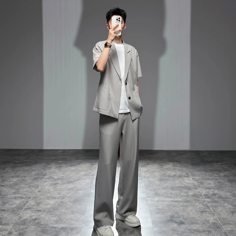 莱德的搭配 薄款西装两件套男士休闲痞帅宽松轻熟风帅气西服套装
