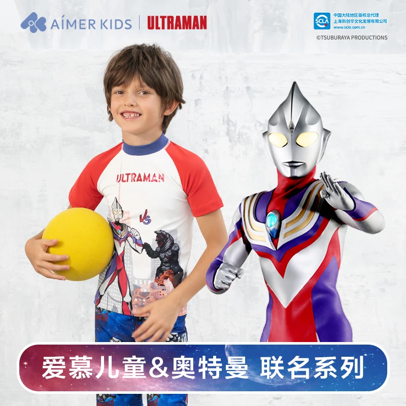 爱慕儿童奥特曼迪迦出击男孩短袖五分裤分身泳衣套装AK267E591