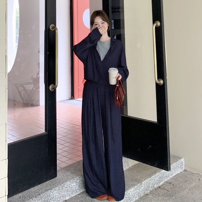 蓝色气质假两件撞色上衣阔腿裤套装两件套女早秋季韩系穿搭一整套