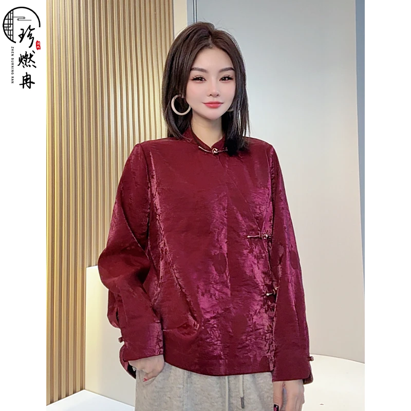 【珍珍臻品】气质提花重磅时尚红色复古网红新中式国风上衣S-14108
