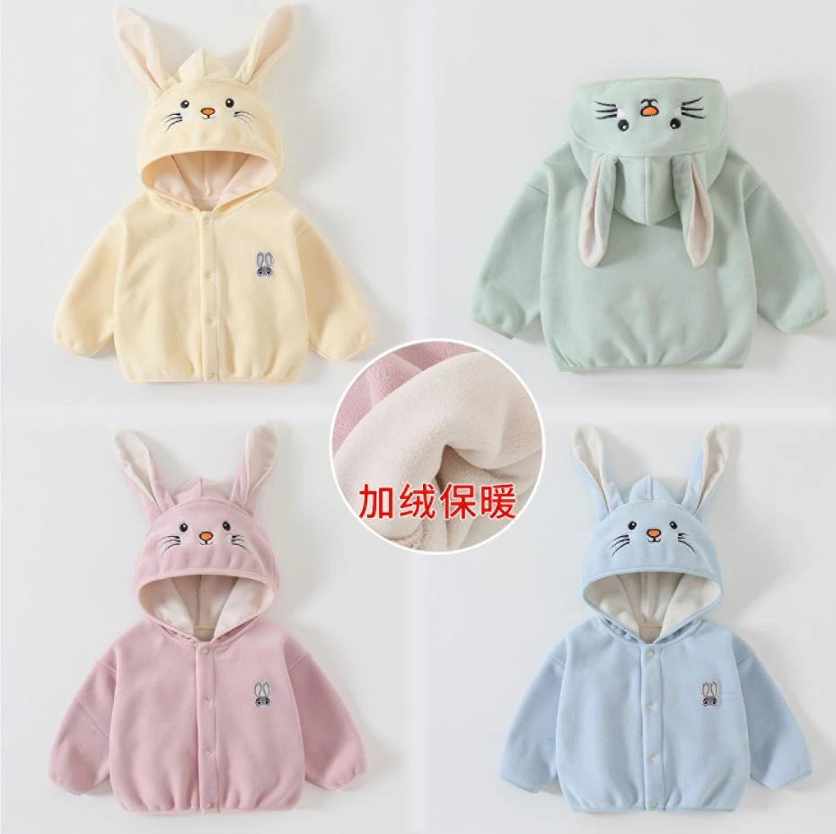婴儿奥粒绒连帽外套秋冬装男童卡通加绒衣服女童宝宝保暖加厚上衣