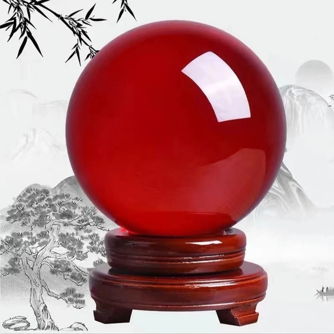 红色水晶球摆件吉祥珠透明玄关家居装饰品开业乔迁