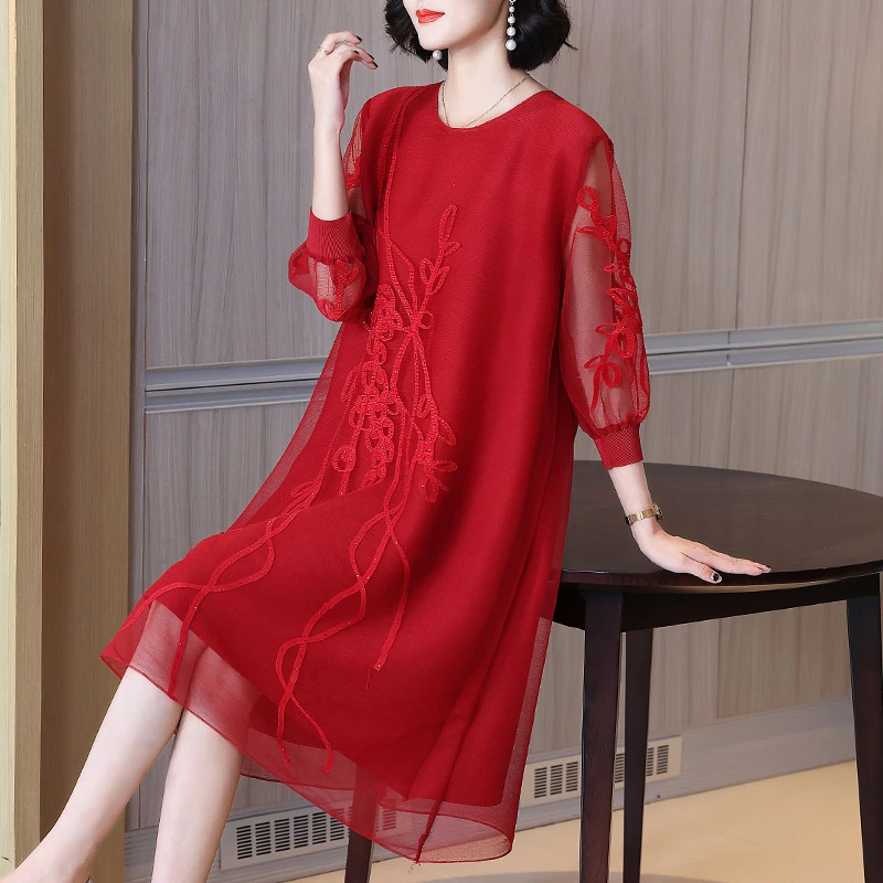 气质红色连衣裙女夏季新款中年妈妈减龄大码高端礼服喜婆婆婚宴装