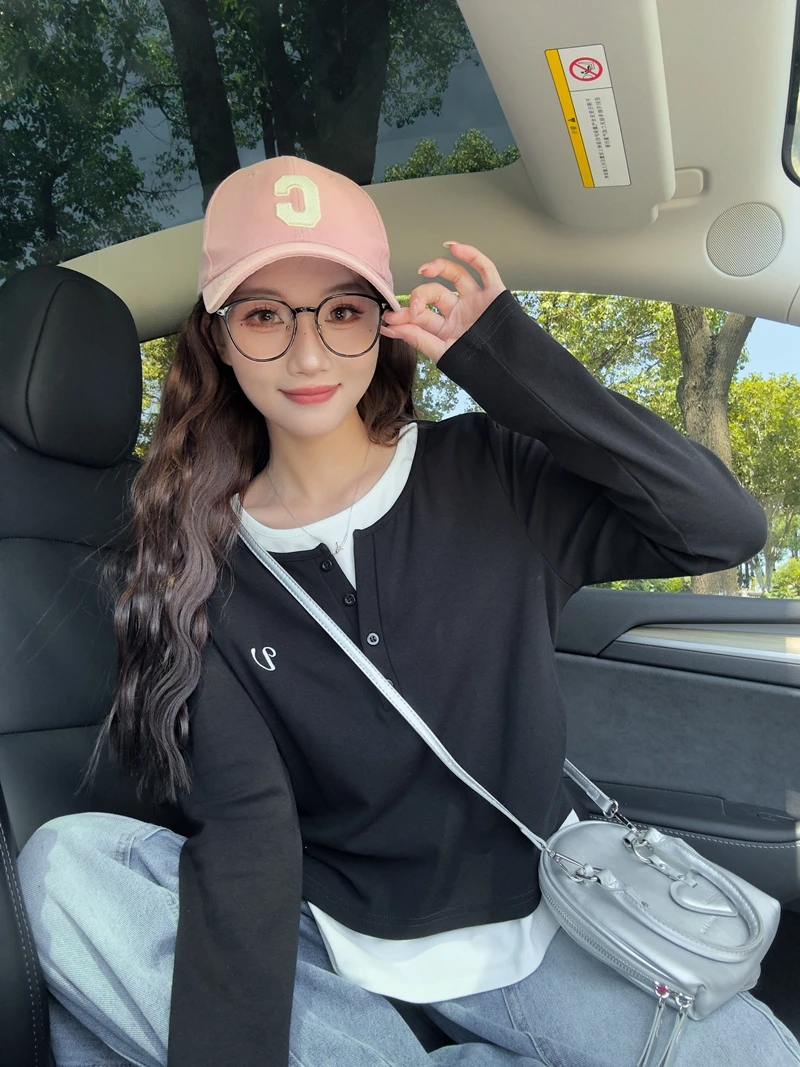 假两件拼接撞色长袖T恤女2025早秋季新款韩版褶皱收腰显瘦上衣潮