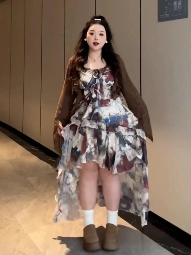 大码胖MM法式不规则咖色多层吊带背心无袖设计感小众外穿上衣夏季