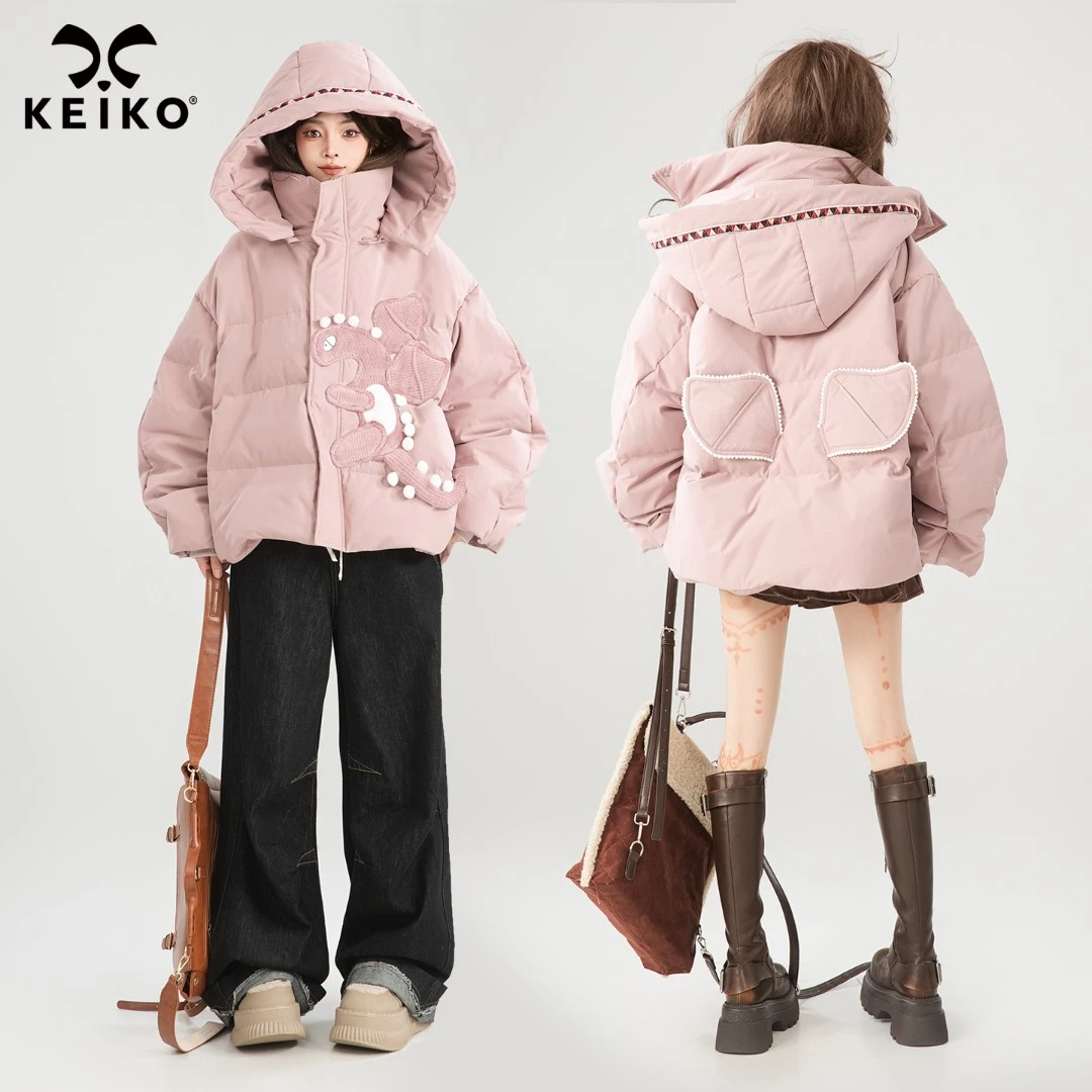 KEIKO 小恐龙饰粉色泡芙羽绒服冬季可卸连帽短款白鸭绒面包服外套