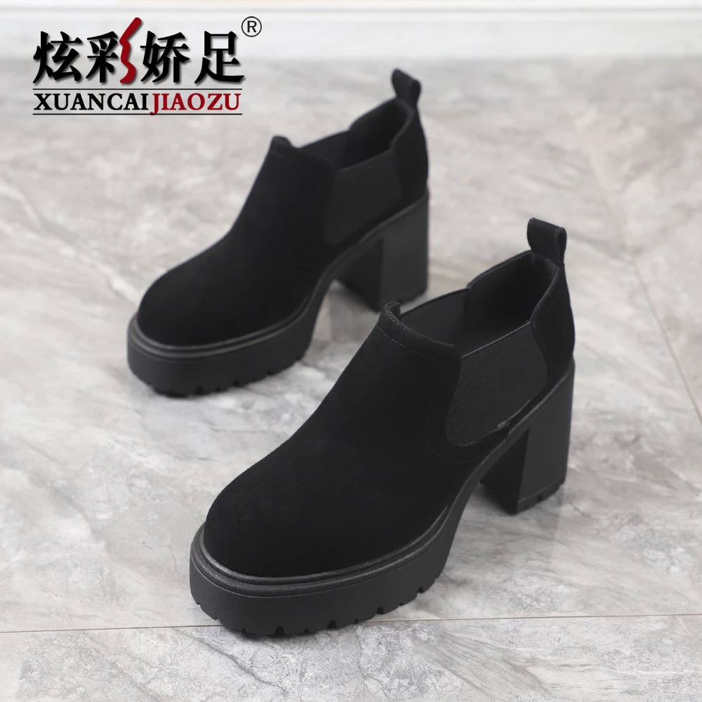 乐福女鞋单鞋2025春秋新款百搭真皮粗跟高跟厚底小个子深口小皮鞋