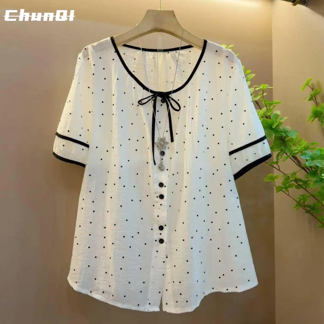 淳启大码胖MM时尚减龄夏季新款显瘦遮肉百搭波点短袖T恤衫上衣潮