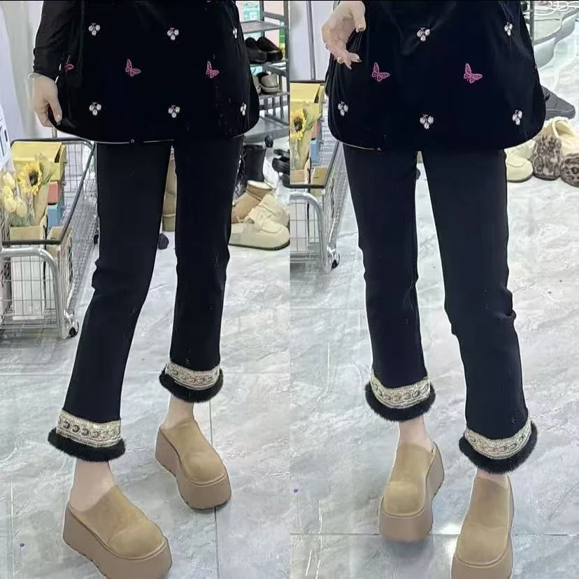 胖mm大码中式国风毛毛腿九分高腰高弹拉绒烟管裤显瘦百搭