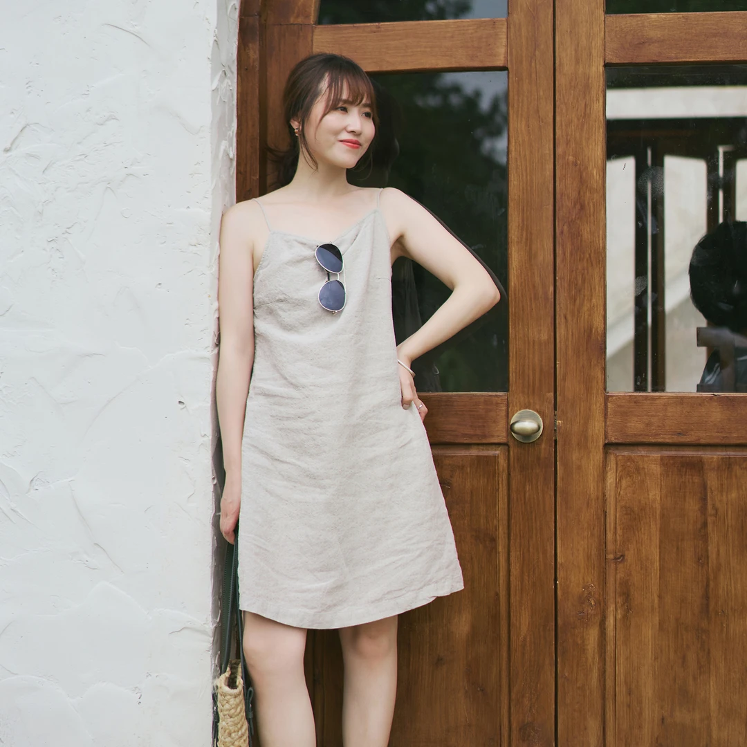 梭家｜顽皮的海｜亚麻纯色度假风吊带裙