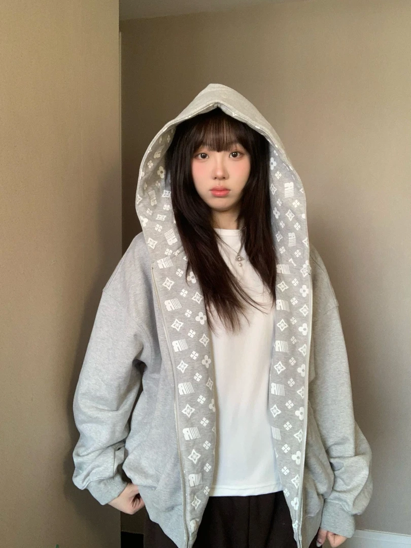 春秋纯欲慵懒风女装休闲宽松连帽卫衣韩版纯棉大码百搭开衫薄外套