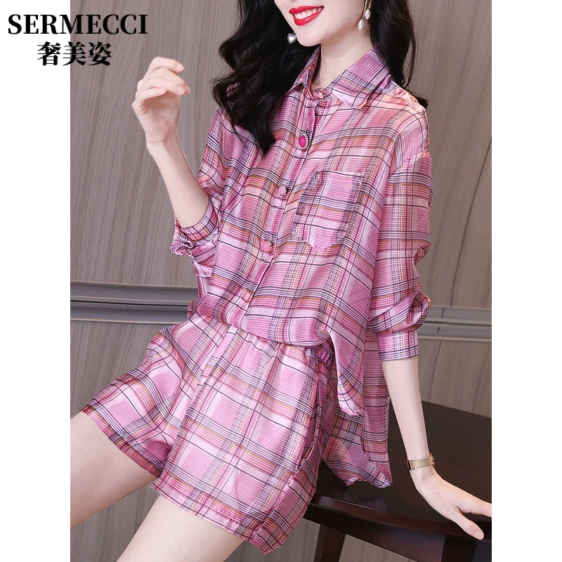 夏装2025年新款甜盐系炸街时尚港风休闲格子衬衫短裤套装两件套女