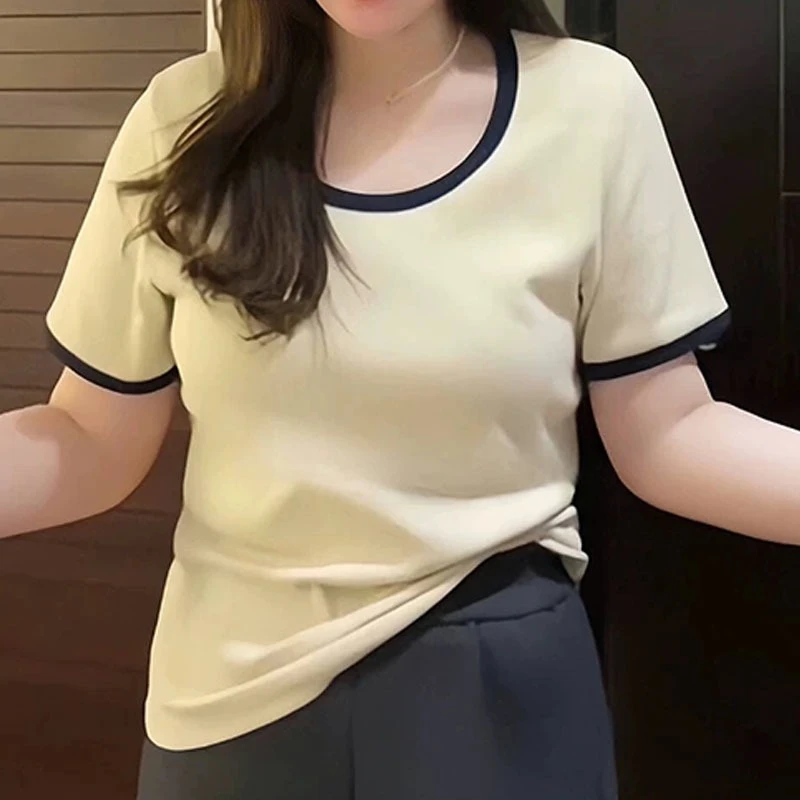 特大码200斤日系气质撞色U领正肩短袖t恤女夏季新款休闲遮肚上衣