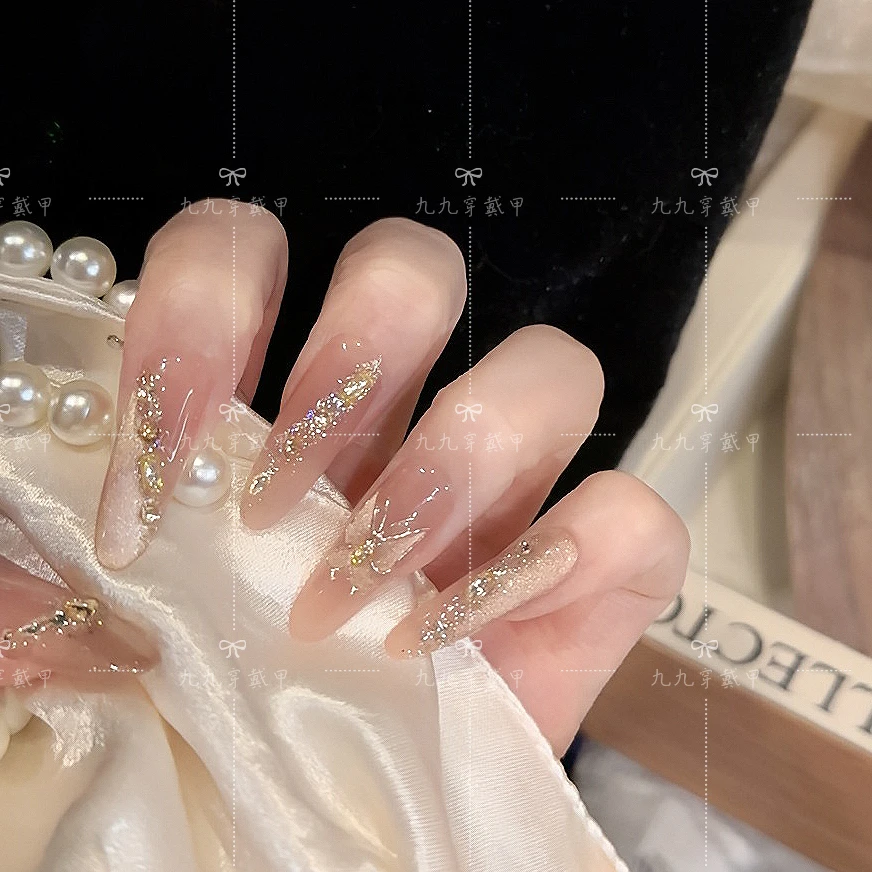 浅金蝶影 纯手工定制穿戴甲美甲贴片可拆卸假指甲贴10片春夏新款