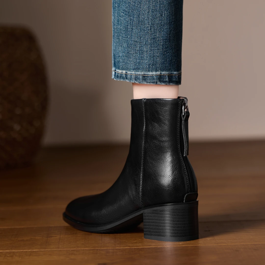 5cm~短靴女款2025新款爆款时装靴秋冬后拉链真皮瘦瘦靴美拉德靴子