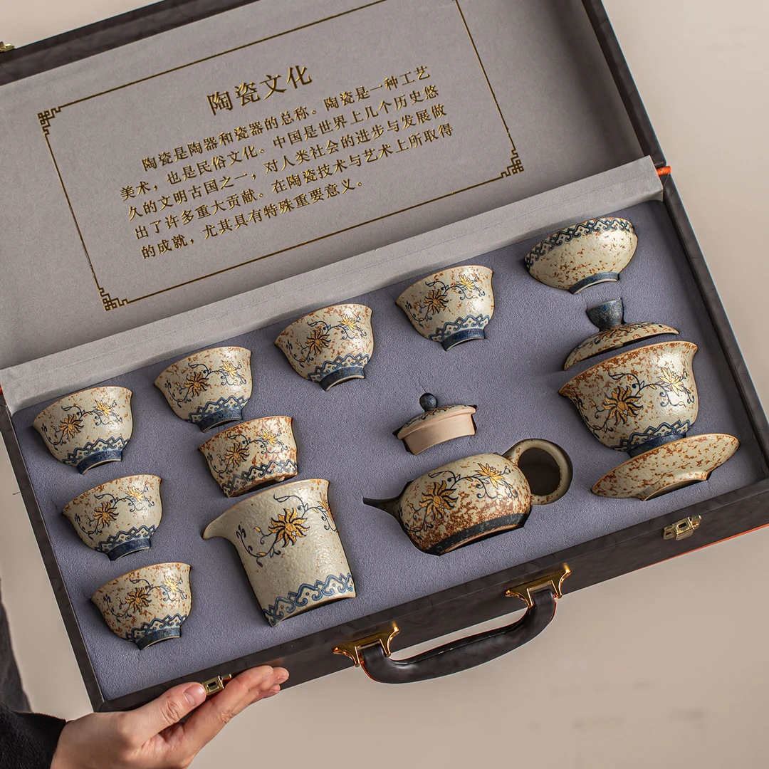 高档中式青花火石红缠枝莲茶具套装家用泡茶专用茶壶茶杯礼盒装