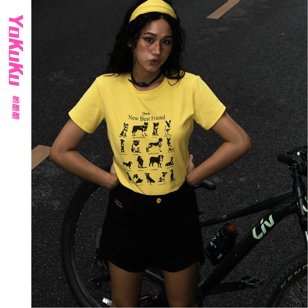 哟酷酷（狗狗没烦恼）美式动物卡通印花圆领短百搭修身显瘦狗狗短袖