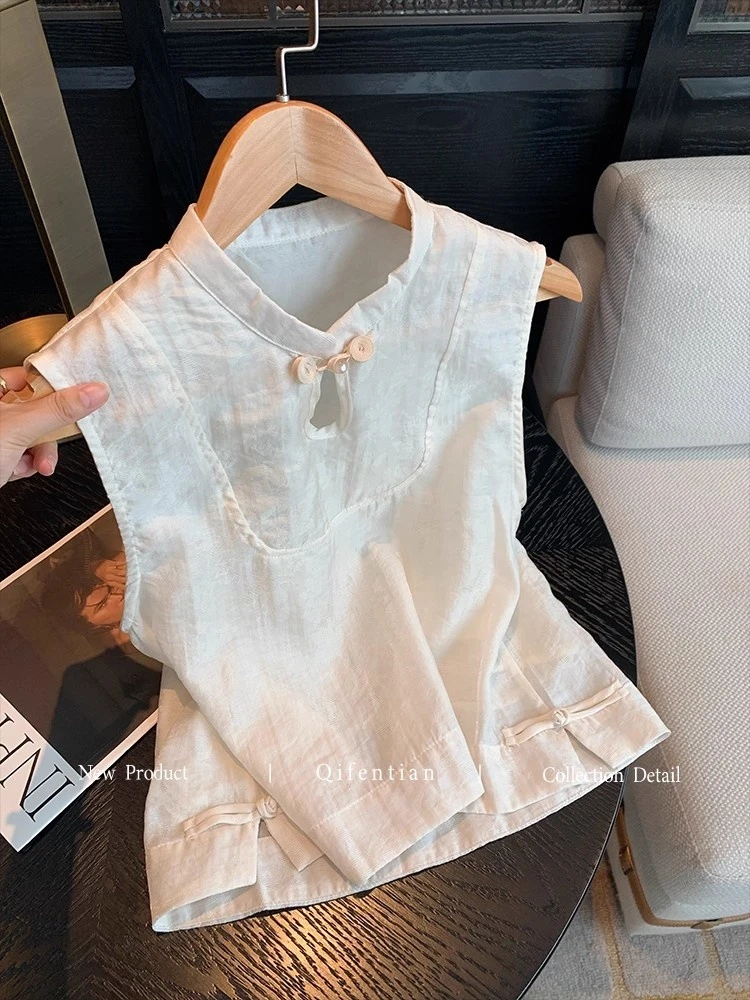新中式暗纹提花盘扣无袖衬衫女夏季2025国风宽松显瘦立领休闲背心