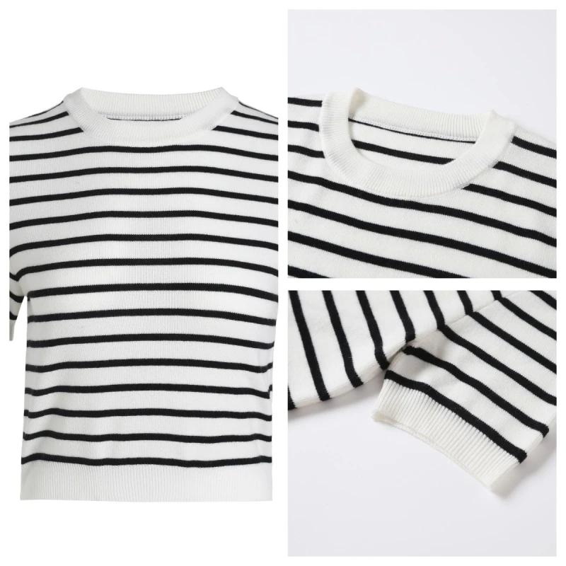休闲简约条纹圆领正肩短袖针织衫8600