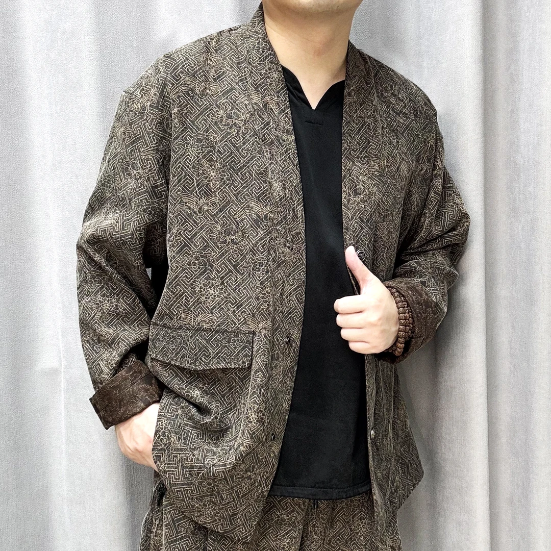 25108香云纱桑蚕丝男装道袍外套时尚休闲百搭复古印花宽松提花