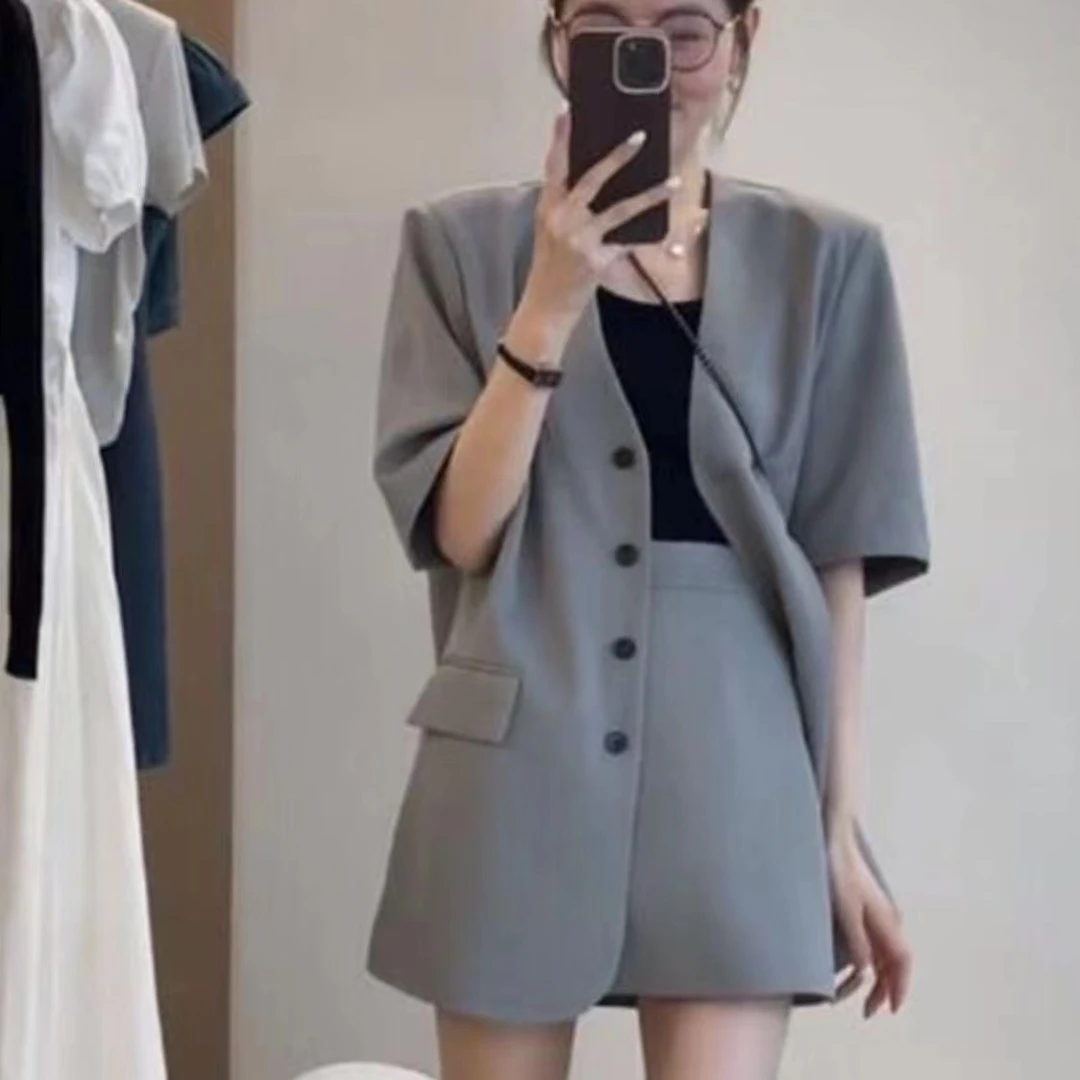 夏季西装短裙套装女2025新款休闲短袖外套薄款小个子西装两件套