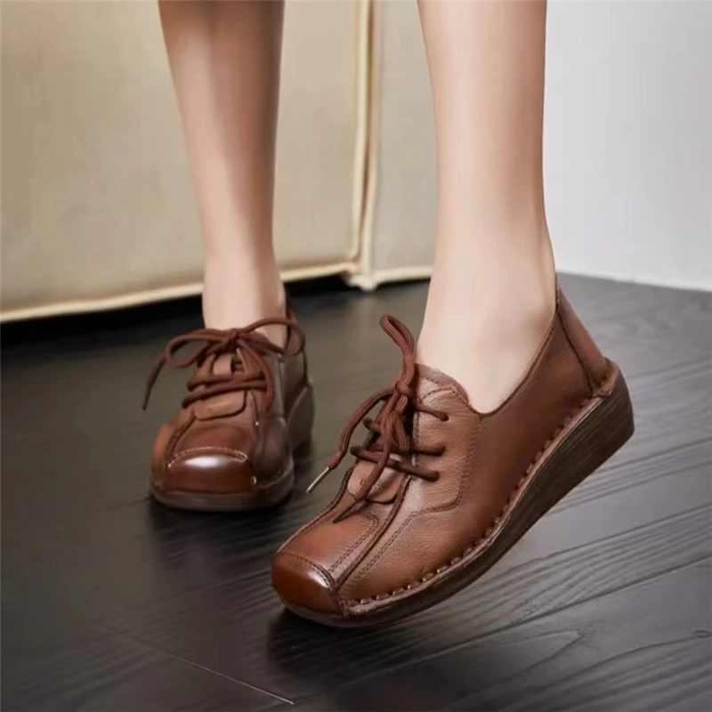 单鞋女真皮圆头深口平底皮鞋系带复古休闲百搭坡跟软皮软底妈妈鞋