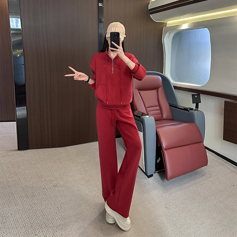 过年衣服一整套女秋冬新年本命年洋气红色半高领卫衣阔腿裤两件套