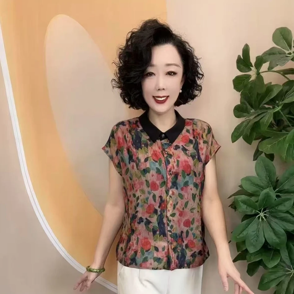 时尚气质碎花妈妈装洋气显瘦透气两穿时尚百搭衫