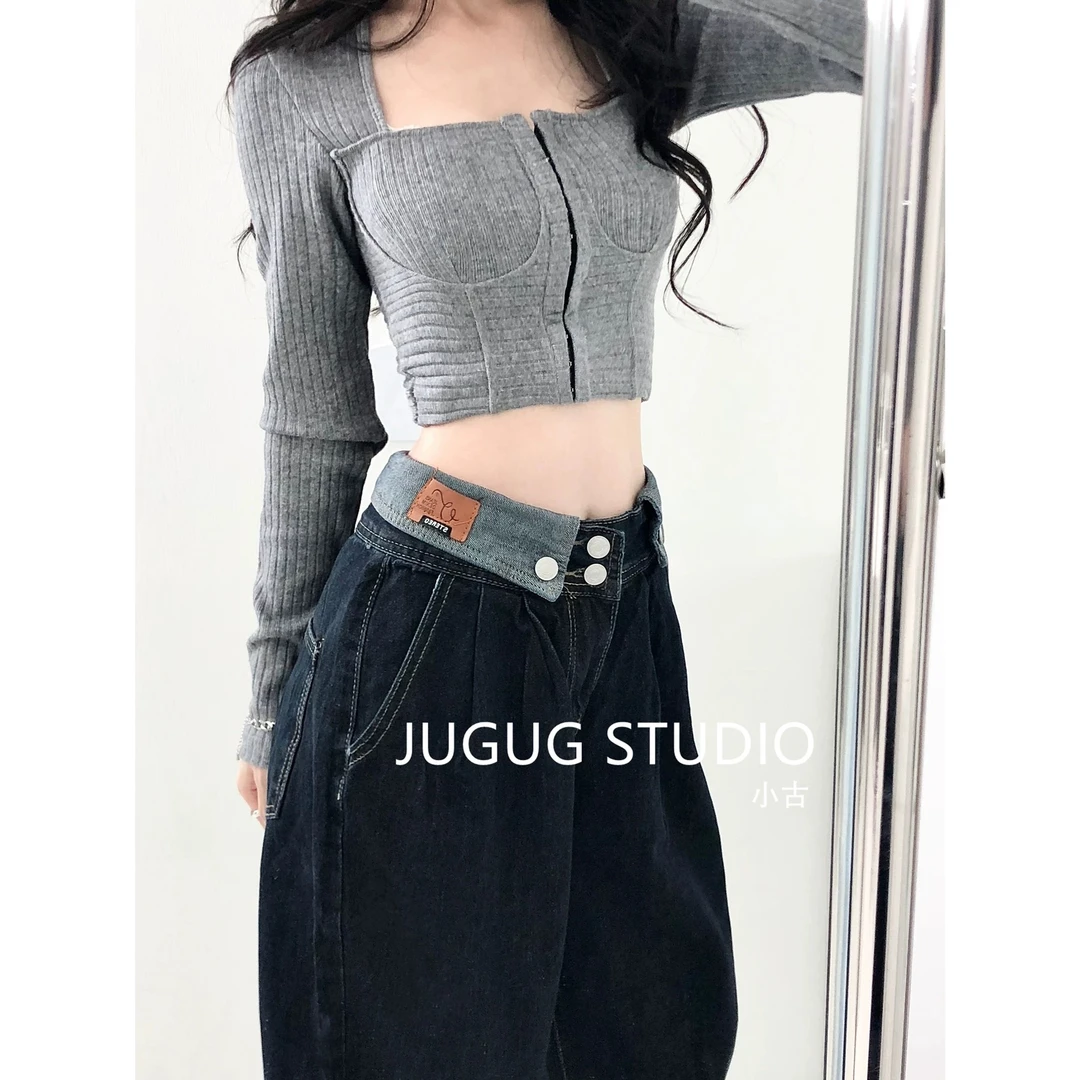翻边修身蓝色阔腿显瘦牛仔裤女小众