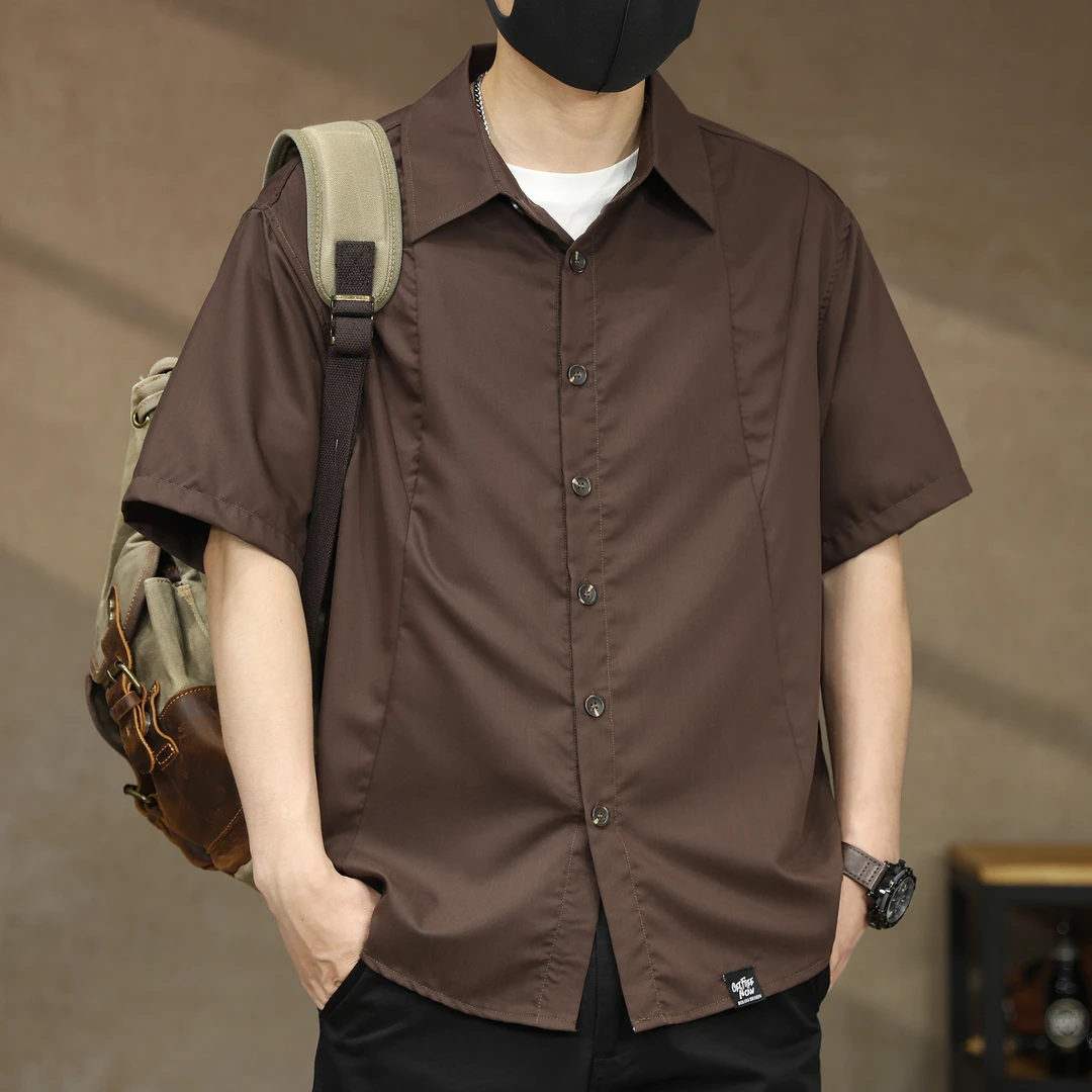 美拉德复古抗皱免烫莫代尔衬衫男款短袖夏季宽松垂感薄款男士衬衣