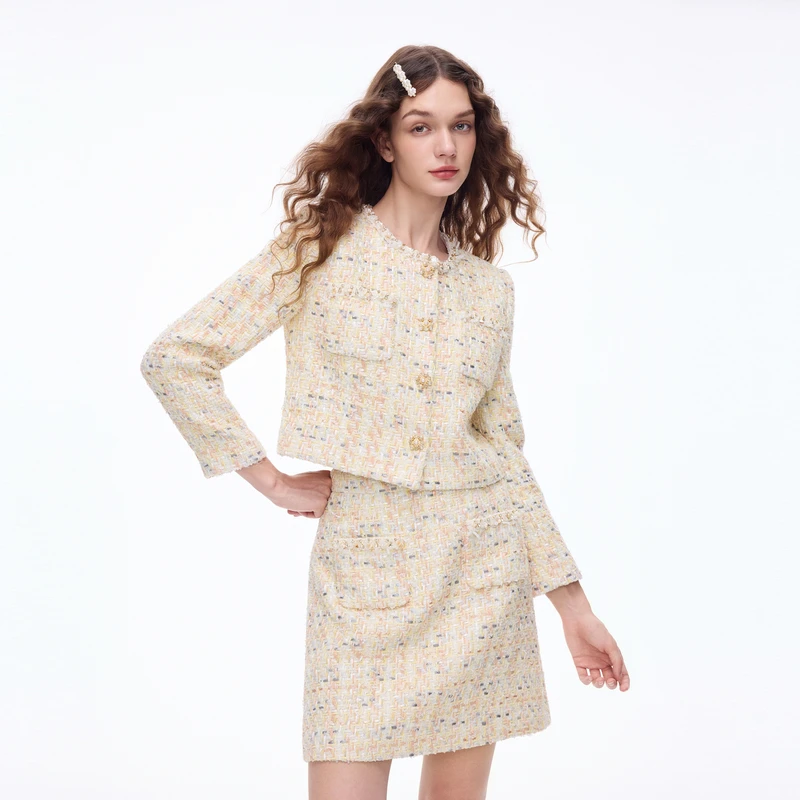 莱茵福莱尔时尚优雅格纹粗花呢上衣象牙白色LDHADBCCJ604