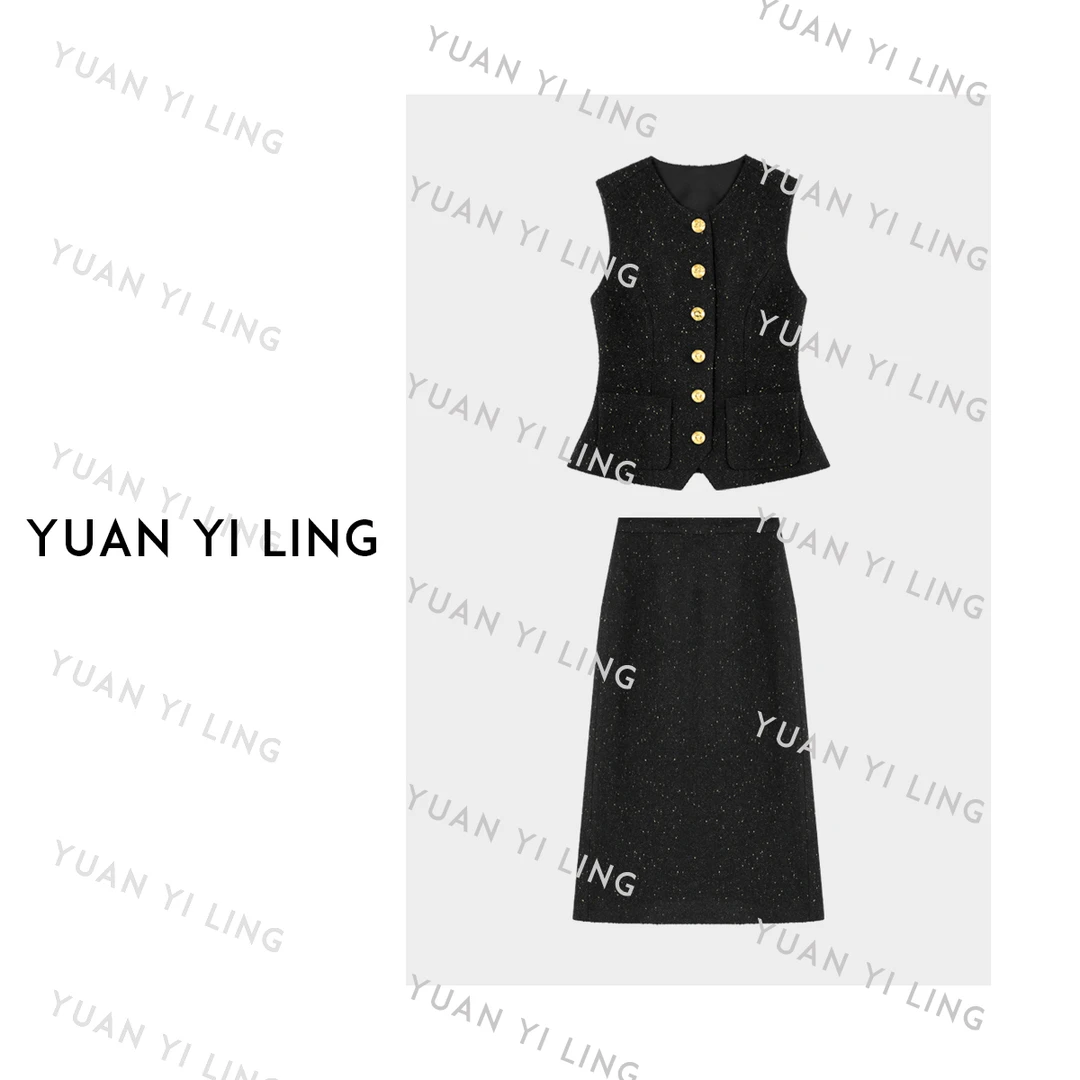 袁艺灵【意式老钱】25秋冬羊毛黑金撞色收腰圆领无袖马甲半身裙5117
