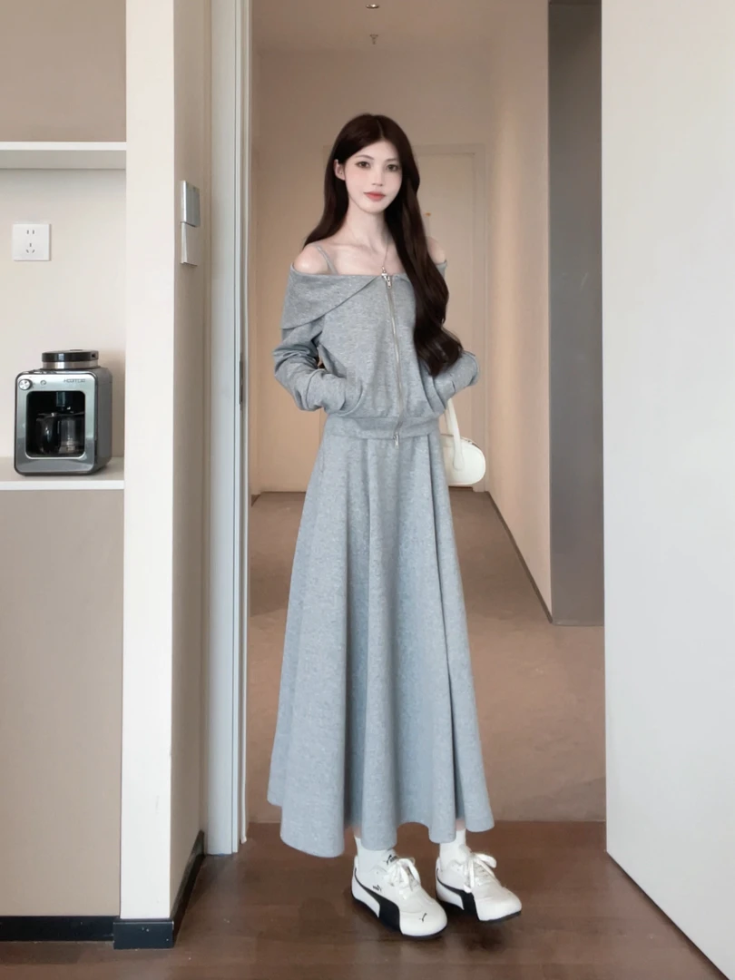 松本丧丧纯色设计感卫衣套装连衣裙露肩拉链卫衣吊带裙B253Q1515