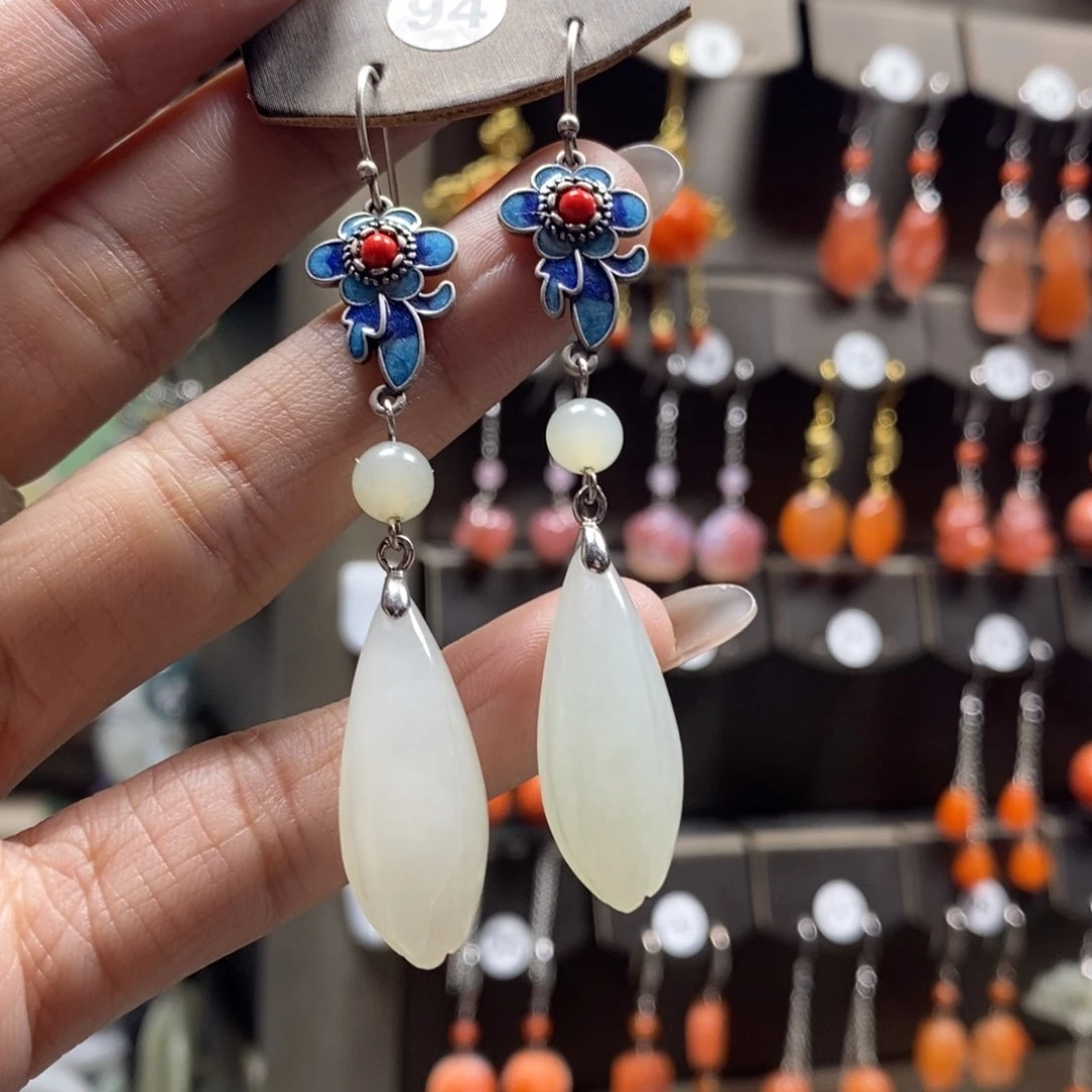 和田玉耳饰银S925镶嵌刘*霞